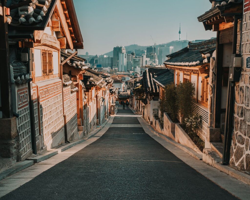 Traditional houses along an alley in Bukchon Hanok Village, Seoul