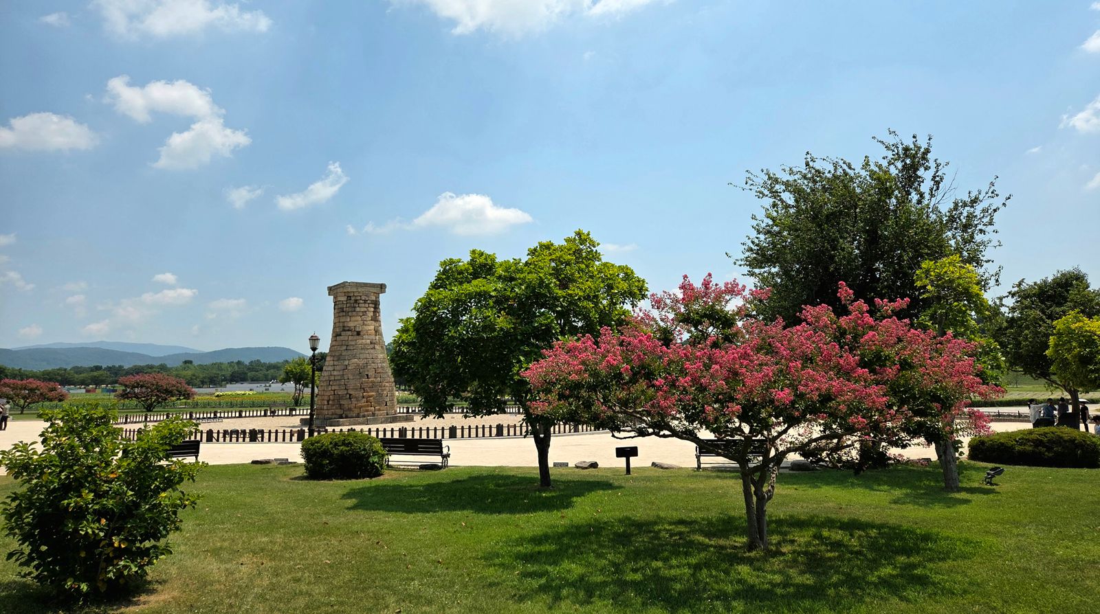 Gyeongju Travel Guide: Korea's Ancient Capital, Temples & Where to Stay (2026) Cheomseongdae, the 7th-century stone observatory in Gyeongju, framed by green parkland and summer blossoms