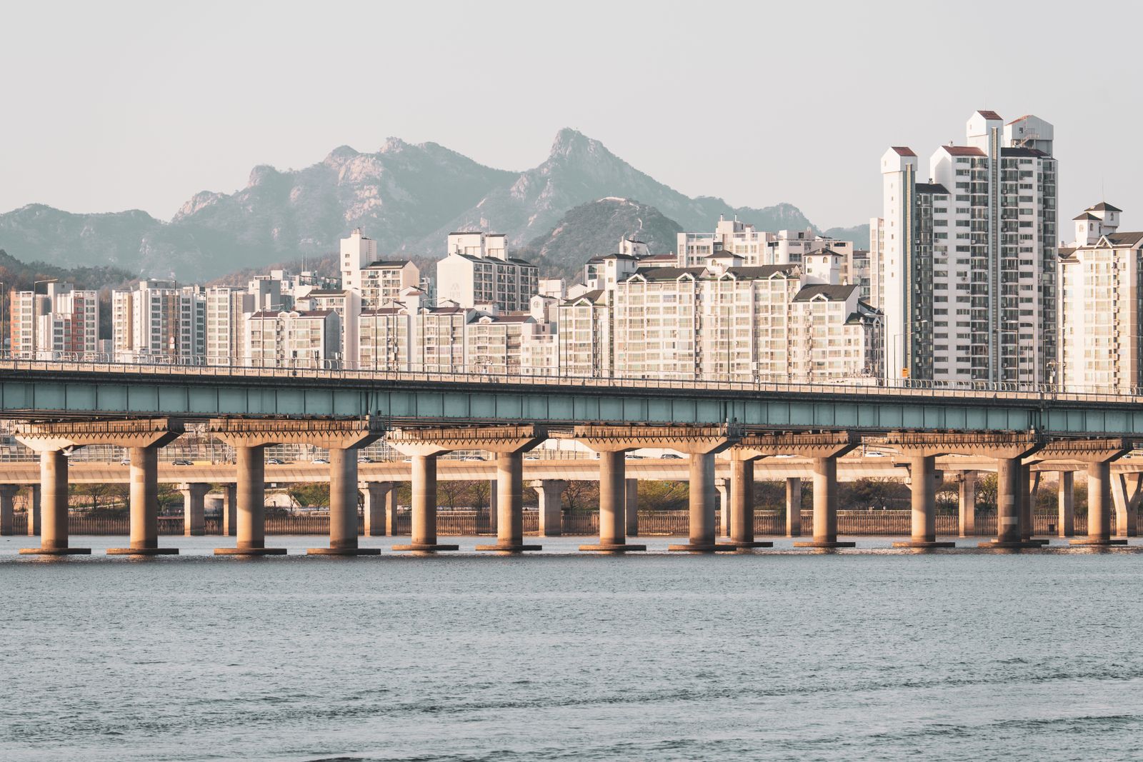 The Seoul skyline and a bridge over the Han River