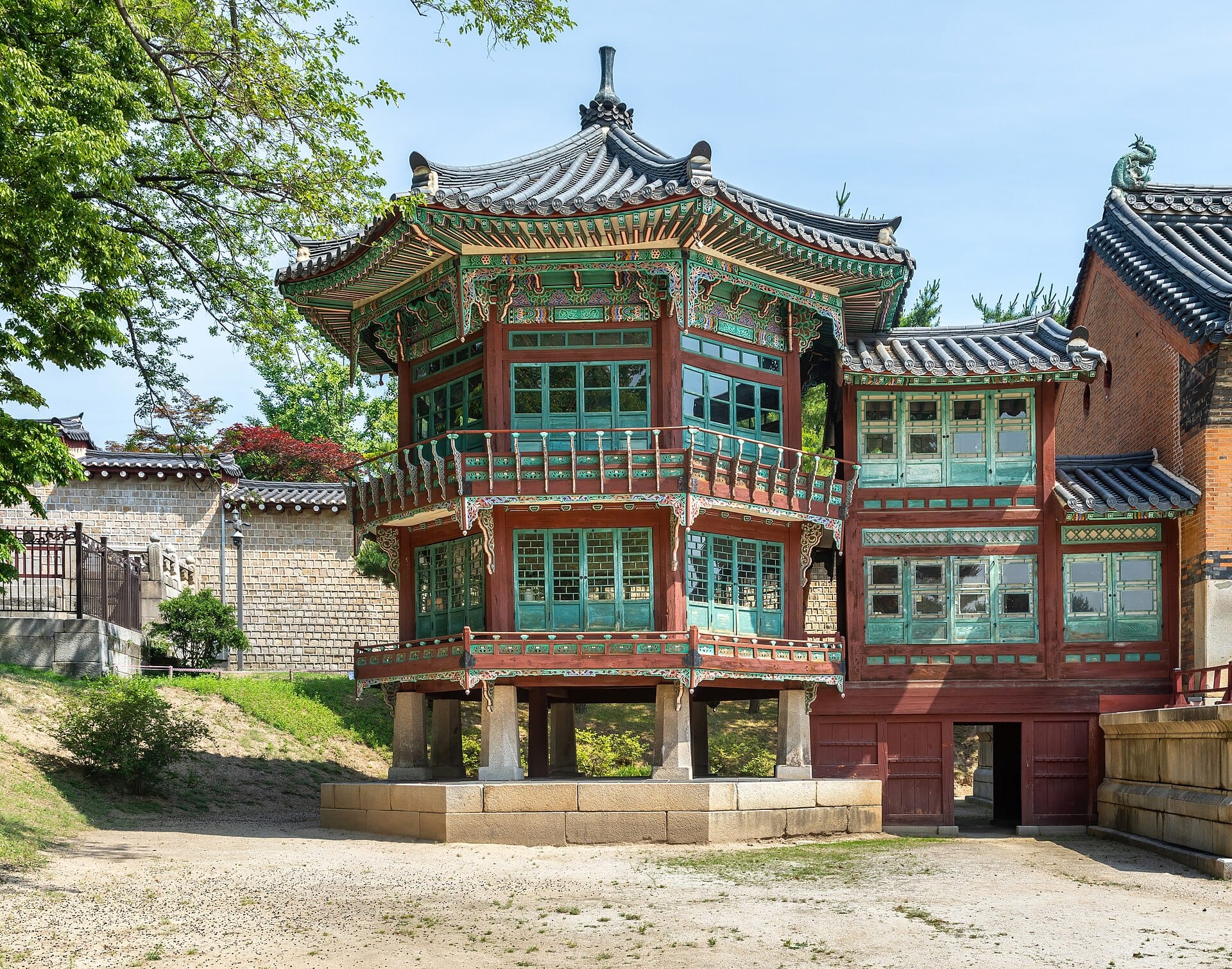 The ornate tower of Jibokjae Hall at Gyeongbokgung Palace in Seoul