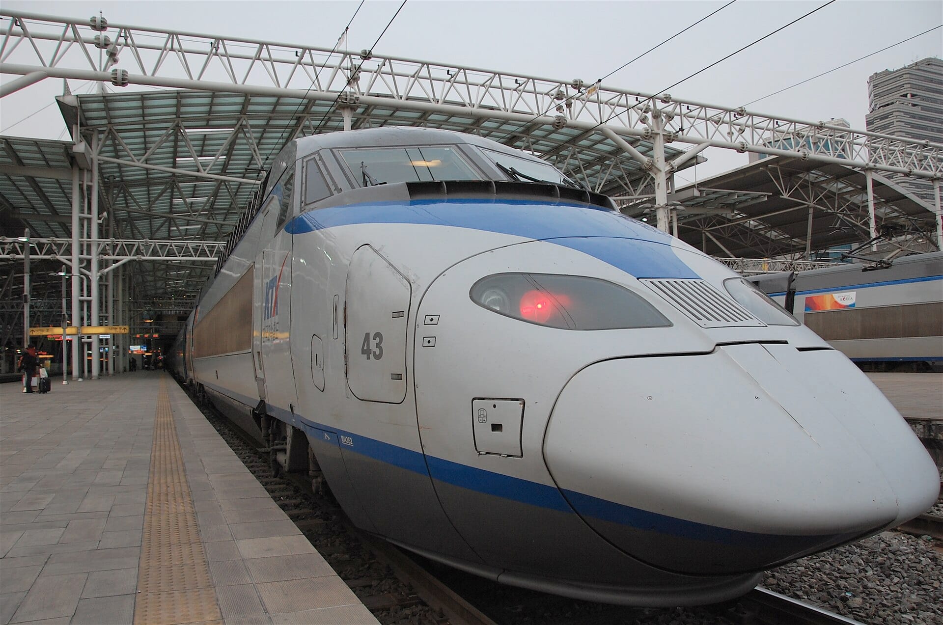 A KTX high-speed rail train on the platform, the brand that Korea's unified rail service will use going forward
