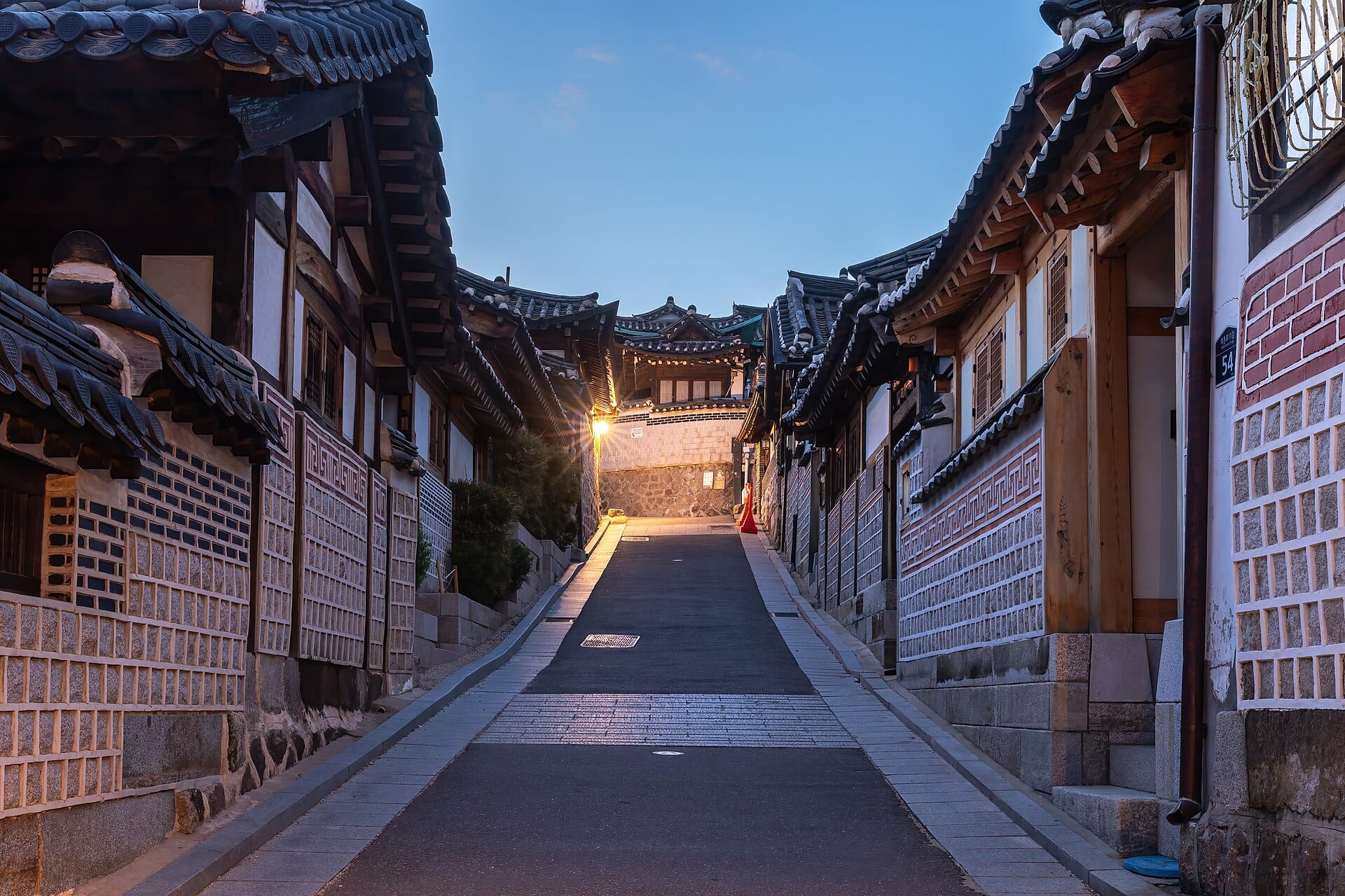 Traditional hanok houses in Bukchon Hanok Village, Seoul, where shoes come off before entering