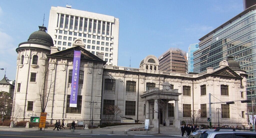 The Bank of Korea headquarters building in Seoul, which sets the value of the Korean won