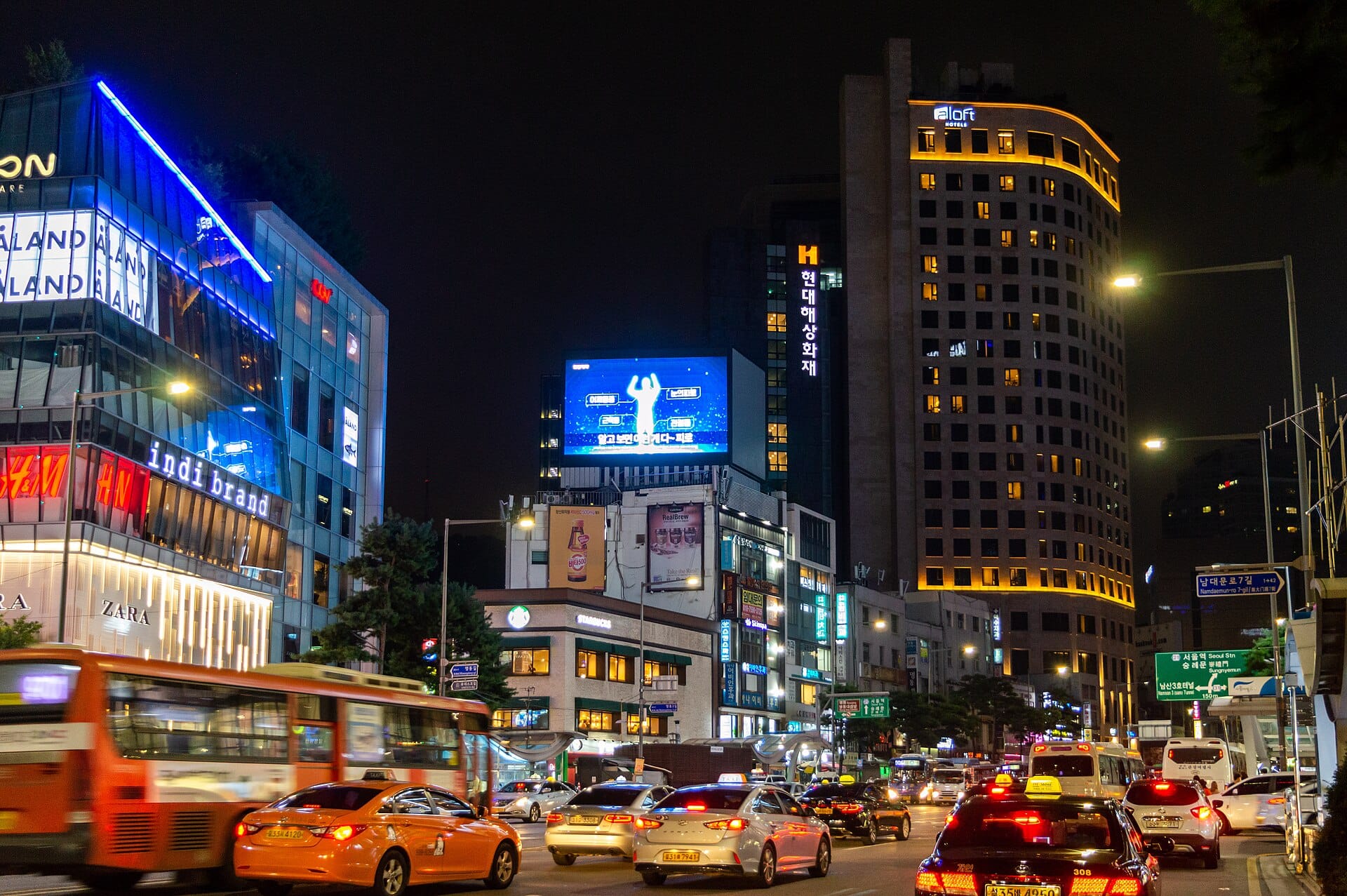 A hotel lit up at night on Namdaemun-ro in Myeongdong, Seoul