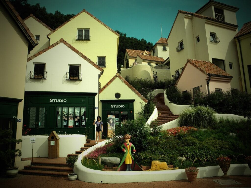 Colorful French-style houses at Petite France, a popular day-trip stop near where to stay in Gapyeong