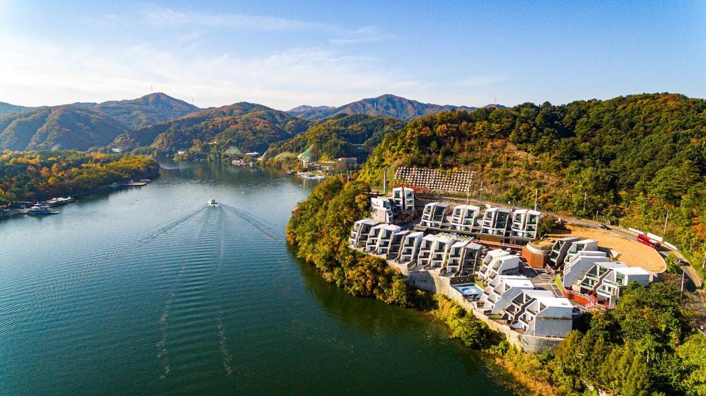 Outdoor pool overlooking the North Han River at W Jiwoo Resort near the Nami Island ferry wharf