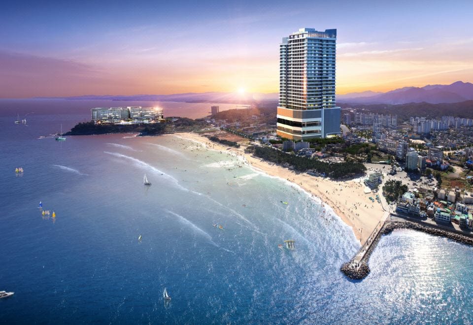 A private terrace overlooking the sea at Hotel The Blue Terra in downtown Sokcho
