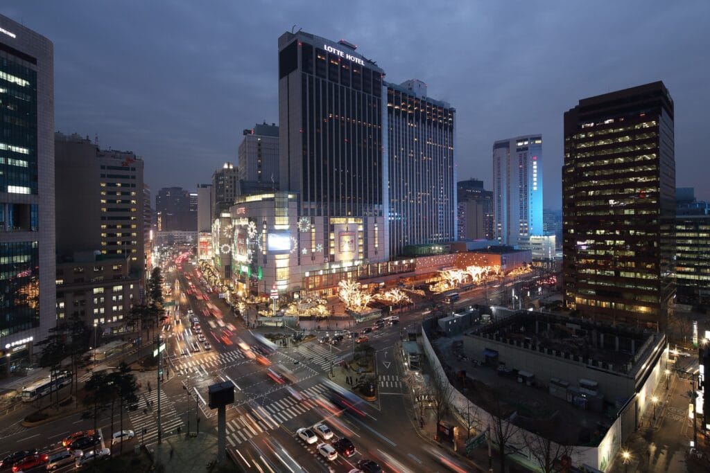 The Grand Lotte Seoul Opens: Lotte's New High-End Hotel Brand (2026) Night view of the Sogong-dong Lotte complex in downtown Seoul, home to the newly rebranded The Grand Lotte Seoul
