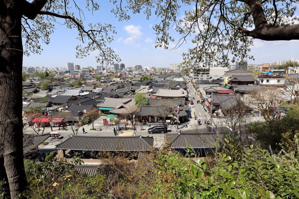 Rows of traditional tiled-roof hanok houses in Jeonju Hanok Village, South Korea