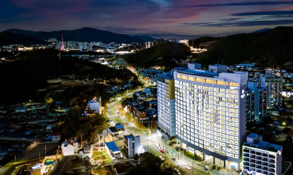 Where to Stay in Yeosu: Best Areas & Hotels for Every Trip (2026) An ocean-view room with a private terrace at Oceanhill Hotel on Dolsando Island, Yeosu