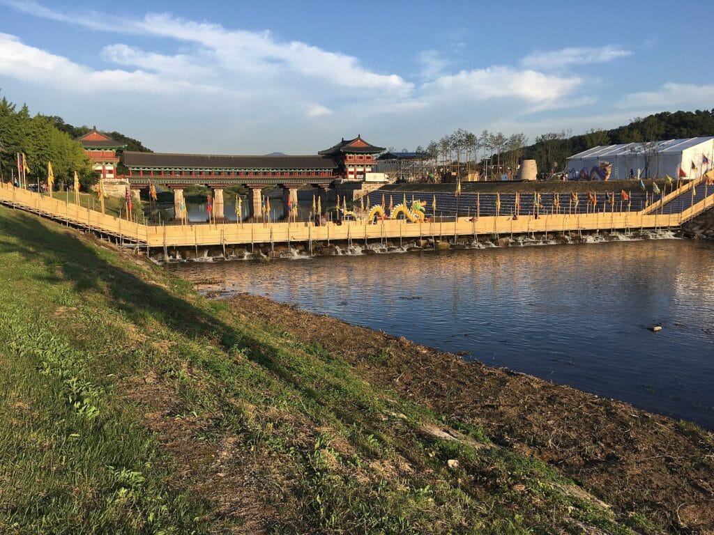Woljeong Bridge in Gyeongju, the reconstructed Silla-era bridge that serves as the festival's main nighttime backdrop