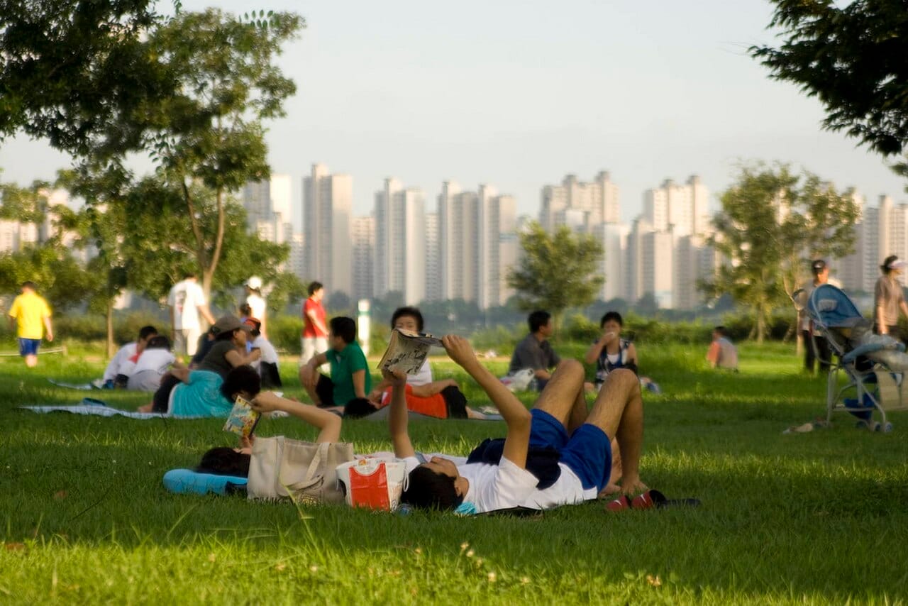 Visitors relaxing on the grass at a Han River park in Seoul in the evening, the same casual outdoor setting as the Seoul Moon Chuseok event at Yeouido Park