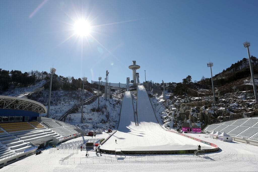 Snow-covered slopes and ski jump towers at the Alpensia resort area in Pyeongchang, Gangwon Province, Korea
