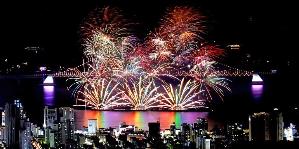 Fireworks bursting over the sea at the Busan International Fireworks Festival