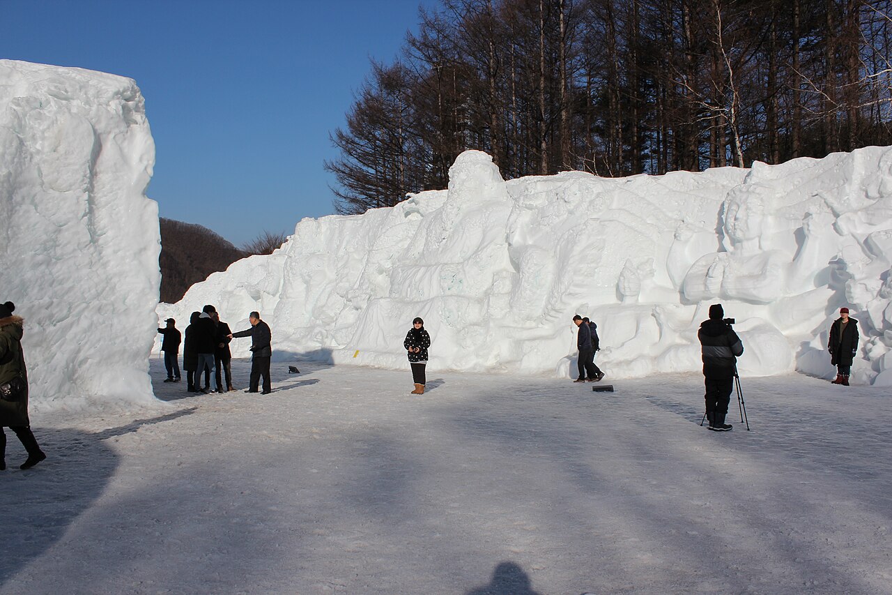 A large carved snow sculpture at the Taebaeksan Snow Festival in Taebaek, Korea